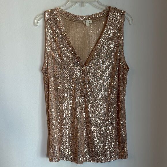 POL Sequin Tank Top sparkle Women’s gold button blouse holiday size large EUC - Picture 1 of 7